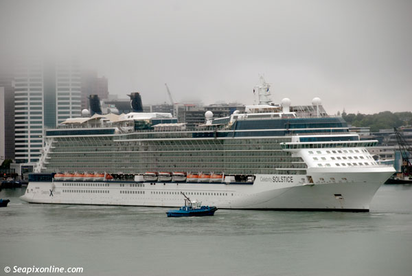 CELEBRITY SOLSTICE (2008/121878grt/9500dwt/IMO 9362530) making her maiden call at Auckland, NZ was greeted by a city with its head in the clouds. 19 December 2012. Photo by Â© SeapixOnline.com