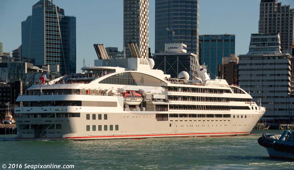 LE SOLEAL (2013/10992grt/1441dwt/IMO 9641675) manoeuvres away from her Queens Wharf this evening berth bringing to a close her maiden call at Auckland. She is the second of the 5-vessel Ponant fleet to be seen in The City of Sails, following L'AUSTRAL last year. Fleetmate LE BOREAL is currently high and dry aboard a Chinese semisubmersible KANG SHENG KOU being transported to a European shipyard for repair after a serious engineroom fire which knocked out all power and left her drifting near the Falkland Islands in November last year.
  22 January 2016. Photo by Â© 2016 SeapixOnline.com