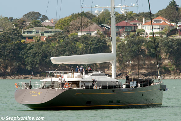OHANA - newly launched on 28 October 2012, the stunning 50m flybridge sloop takes to the waters of Auckland's Waitemata Harbour after having just completed stepping her 63.1m mast while alongside at Wynyard Wharf. Built by Fitzroy Yachts of New Plymouth, New Zealand for an Italian client, the vessel's transom carried the name Genoa as her port of registry. She will undergo sea trials before her delivery in December. The aluminium-hulled OHANA was designed by Dubois Naval Architects of Lymington, Hampshire, England and will carry some 4085sq m of sail, achieving a maximum speed of 18 knots with a cruising speed of around 12 knots.
OHANA will remain in Auckland for a few months during which she will take the start gun of the 2013 NZ Millennium Cup. 31 October 2012. Photo by SeapixOnline.com