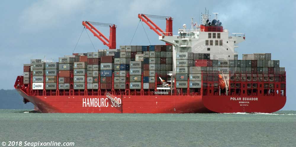 POLAR ECUADOR (2017/42500grt/52000dwt/IMO 9786774) bound for Tanjong Pelepas in Malaysia, sails from Auckland following her maiden call at Auckland.
POLAR ECUADOR, launched just weeks ago, is owned by Reederei Monte of Bielefeld of Germany and managed by Hamburg Sudamerikanische of Hamburg, Germany.
 5 February 2018. Photo by Â© 2018 SeapixOnline.com