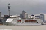 ID 11194 COLUMBUS (1989/63524grt/IMO 8611398, ex-PACIFIC PEARL, OCEAN VILLAGE, ARCADIA, STAR PRINCESS, SITMAR FAIRMAJESTY) sails from Auckland bound for Tauranga following her maiden call since joing the...