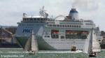 ID 7497 PACIFIC PEARL (1989/63524grt/IMO 8611398, ex-OCEAN VILLAGE, ARCADIA, STAR PRINCESS, SITMAR FAIRMAJESTY. Transferred to CMV and renamed COLUMBUS in 2017. Laid up since 2021) negotiates Auckland's...