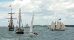 ID 9254 OOSTERSCHELDE and TECLA (built as GRAAF van LIMBURG STIRUM), R. TUCKER THOMPSON (NZ, IN DISTANCE) and TED ASHBY (a NZ scow) approaching Orakei for the naval salute.