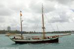 ID 9263 TECLA (from The Netherlands. Built as GRAAF van LIMBURG STIRUM) under bare poles, makes her way to Orakei Wharf for the naval salute.