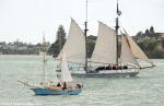 ID 9243 TED ASHBY - a NZ flat-bottomed scow, part of the historic fleet at the Voayger Maritime Museum, Auckland, with an unidentified mini-tall ship.