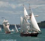 ID 9308 YOUNG ENDEAVOUR and R. TUCKER THOMPSON catch the breeze in the Rangitoto Channel outbound from Auckland.