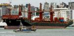 ID 12335 SZECHUEN (2014/25483grt/31288dwt/IMO 9614543. Renamed VANUATU CHIEF in August 2021) - China Navigationâ€™s 2082-TEU container ship sails from Auckland as the Auckland police launch DEODAR III...