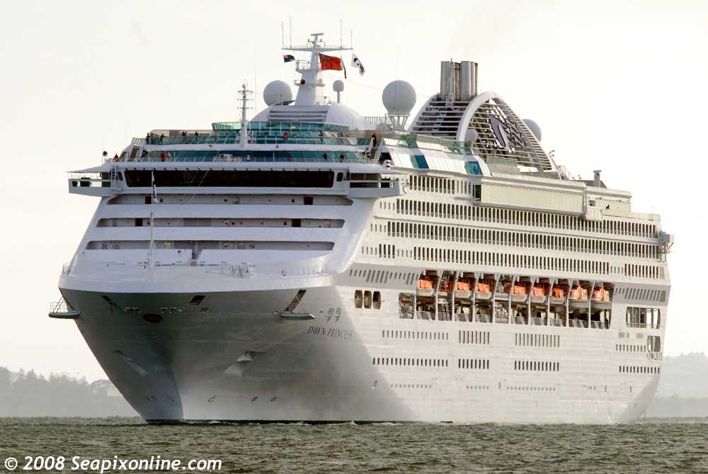 DAWN PRINCESS (1997/77441grt/IMO 9103996. Renamed PACIFIC EXPLORER in 2017) arrives in Auckland from the port of Tauranga after a short overnight voyage. She is due to transfer from Princess Cruises to P&O Australia in 2017 and sail under the name PACIFIC EXPLORER. In 2024 she was sold to Malaysian interests and renamed STAR VOYAGER. 14 December 2008. Photo by SeapixOnline.com/Trevor Coppock