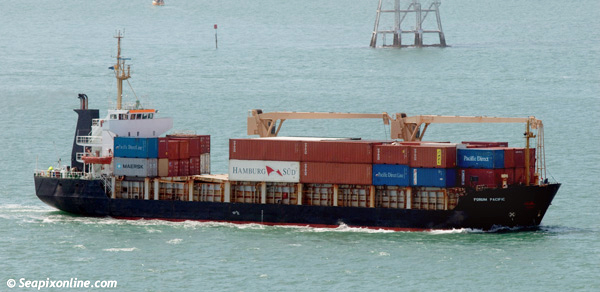 FORUM PACIFIC (1985/2800gt/IMO 8506452, ex-CHARELLE, SOFRANA BLIGH, ANL TRADER, TARMSTEDT. Renamed REEF EXPRESS.) arrives in Auckland, New Zealand after her regular run from Nuku'alofa, Tonga. 21 October 2011. Photo by SeapixOnline.com/Trevor Coppock