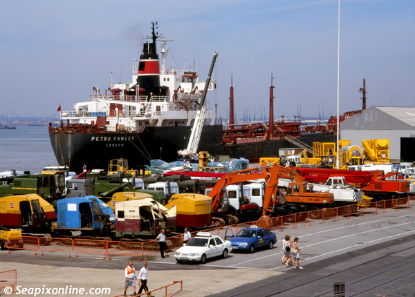 PETRO FAWLEY 1967/10631gt/IMO 6712526, ex-ESSO FAWLEY) alongside in Southamptons' eastern docks. Built by Linholmens Varv of Gothenburg. Scrapped. 1997. Photo by SeapixOnline.com/Trevor Coppock