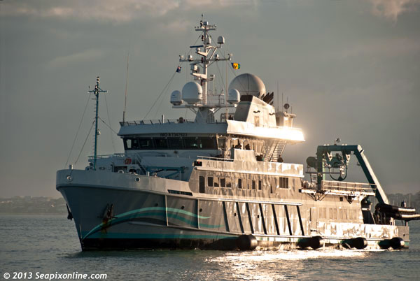 ALUCIA (1974/1142grt/IMO 7347823, renamed HYDRA) - a multi-role research ship catering to clients in the private sector arrives into Aucklands' Silo Park superyacht facility soon after sunrise. Operated by DeepOcean Quest, the 55.75m vessel carries three deep-dive submersibles capable of reaching depths of around 1000m. Normal operations see her carry a complement of 14 crew, a submersible team of 6 and up to 18 guests, scientists, film-makers and paying passengers all in luxury superyacht-style accommodation. ALUCIA has in the past been chartered by the Discovery Channel to attempt filming the rarely-seen Giant Squid in the depths of the Pacific and has also grabbed world headlines when acting as mother ship during the search for the wreckage of the lost Air France passenger jet in the Atlantic. Hollywood director James Cameron, now resident in New Zealand, once chartered ALUCIA to discover the wreck of the TITANIC and the ship featured in 2016 in Sir David Attenborough's Great Barrier Reef TV series. 29 March 2013. Photo by Â© 2013 SeapixOnline.com