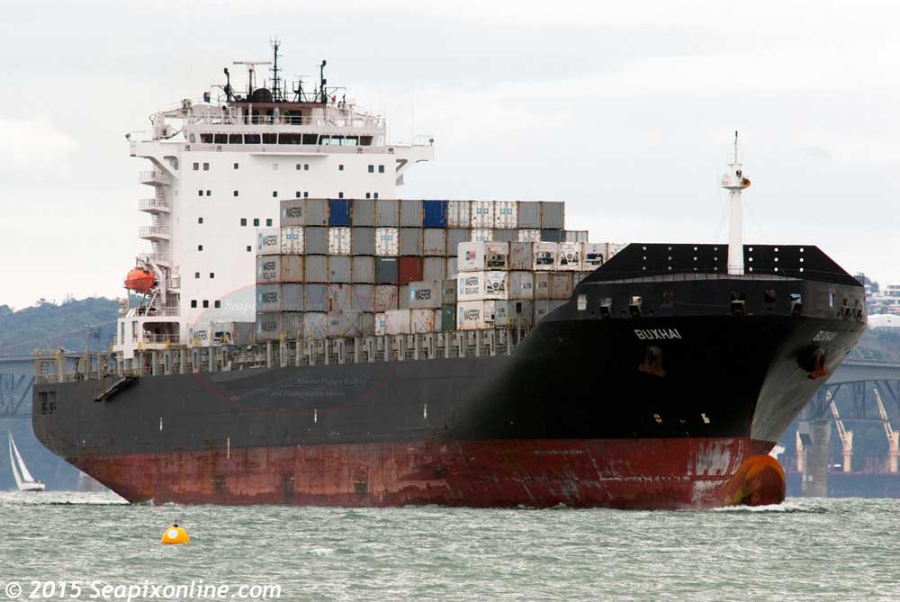 BUXHAI (2005/50965grt/63638dwt/IMO 9320398, ex-MSC LAUSANNE) - very lightly laden, the 4860-TEU panamax vessel sails for Tauranga after her maiden call at Auckland. She is owned and managed by NSB Niederelbe Schiffahrtsgesellschaft mbH & Co KG, Buxtehude, Germany. Along with BUXSONG, BUXWIND and BUXVILLAGE, BUXHAI is scheduled for widening to increase her capacity. 12 February 2015. Photo by Â© 2015 SeapixOnline.com
