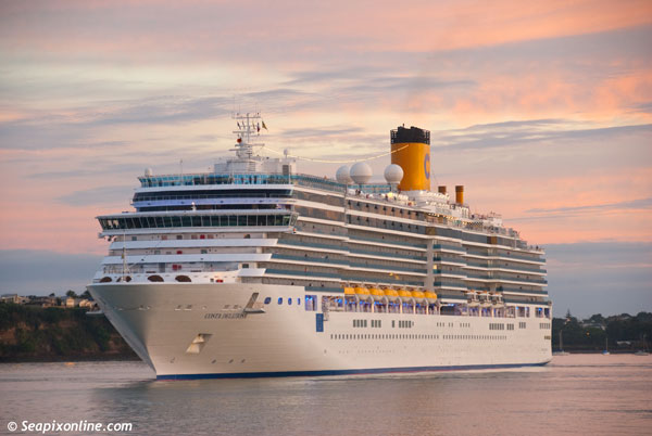 COSTA DELIZIOSA (2010/92720grt/IMO 9398917) soon after first light, manoeuvres off her Queens Wharf berth as she makes her maiden call at the Port of Auckland, New Zealand. 14 February 2012. Photo by SeapixOnline.com/Trevor Coppock
