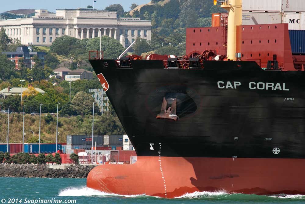 CAP CORAL (2013/42564grt/52084dwt/IMO 9620619. Renamed MERKUR OCEAN) departs Auckland for Lyttelton following her maiden call. She is managed by FA Vinnen & Co GmbH of Bremen, Germany. 25 January 2014. Photo by SeapixOnline.com