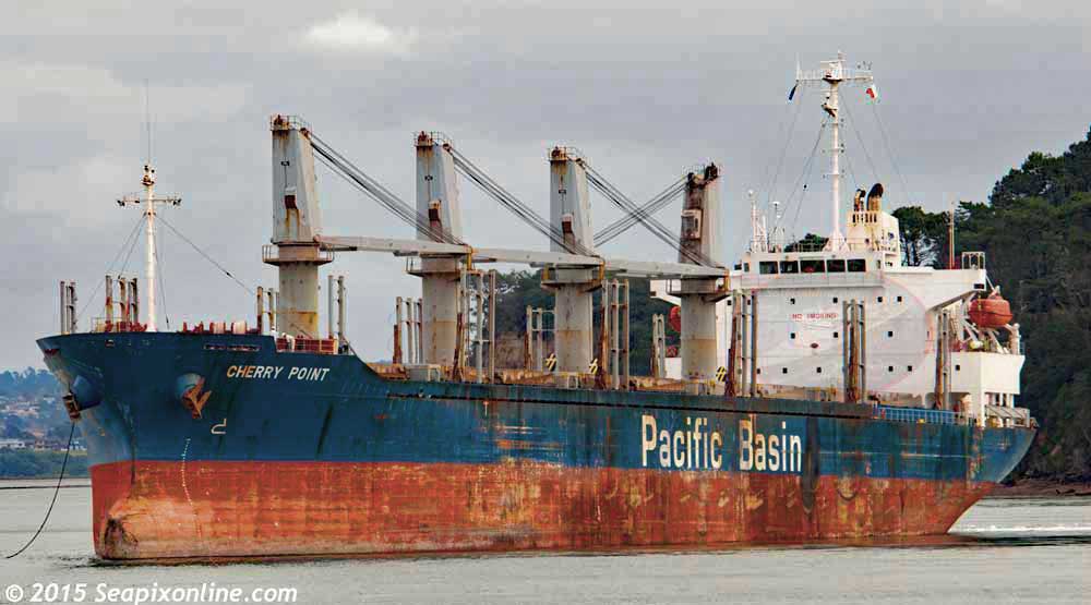 CHERRY POINT (2003/17979grt/29738dwt/IMO 9276731, ex-SPEAR FLOWER) sails from the Chelsea Sugar Refinery, Auckland bound for Gisborne to load logs. She is owned and managed by Pacific Basin Shipping of Hong Kong. 18 June 2015. Photo by Â© 2015 SeapixOnline.com