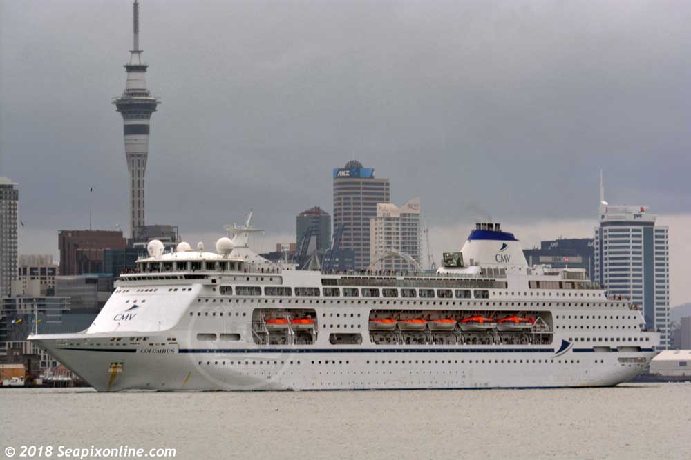 COLUMBUS (1989/63524grt/IMO 8611398, ex-PACIFIC PEARL, OCEAN VILLAGE, ARCADIA, STAR PRINCESS, SITMAR FAIRMAJESTY) sails from Auckland bound for Tauranga following her maiden call since joing the Cruise and Maritime Voyages Cruises (CMV) fleet. Laid up since 2021. 17 February 2018. Photo by Â© 2018 SeapixOnline.com