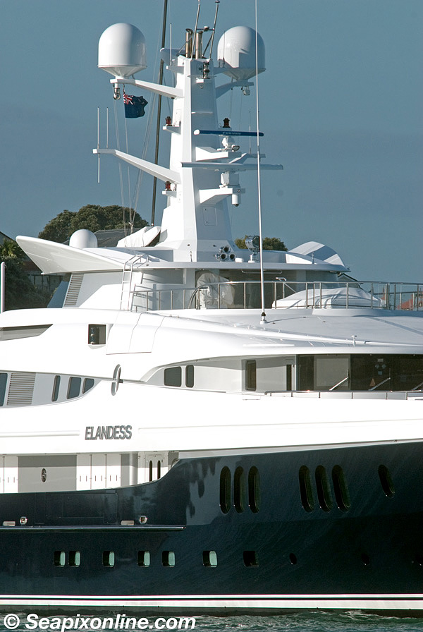 ELANDESS (2009/1090grt. Renamed ELYSIAN) - flagged in the Cayman Islands, she was built in Germany by Abeking & Rasmussen. The 60m (196.85ft) superyacht is seen anchored in Auckland harbour during an extended stop-over in port. Constructed with a steel hull and aluminium superstructure, she can accomodate 12 guests and carries up to 14 crew at a cruising speed of around 16 knots. 29 November 2011. Photo by SeapixOnline.com