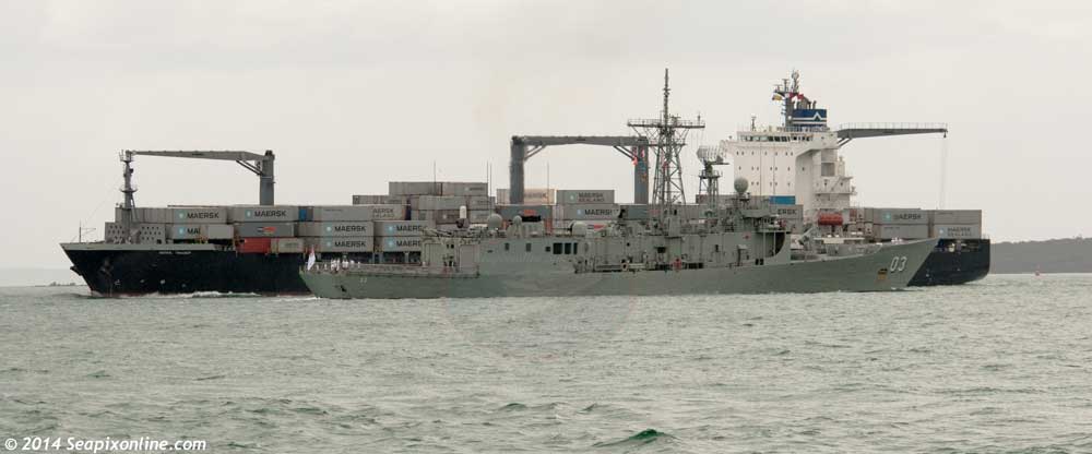 HMAS SYDNEY (FFG 03) -  an Adelaide class guided missile frigate of the Royal Australian Navy, sails from Auckland following a 3-day stop-over as the inbound SEOUL TRADER (2009/27051grt/34528dwt/IMO 9419644, ex-NYK ROSA) arrives after a short-sea voyage from the port of Napier. HMAS SYDNEY was built at the Todd Pacific Shipyards  in Seattle, USA and was commissioned in January 1983. SInce then she has served in Kuwait (1991), East Timor (1999), the Persian Gulf (2001-3) and Iraq (2003). Souce: Wikipedia 2 November 2014. Photo by Â© 2014 SeapixOnline.com