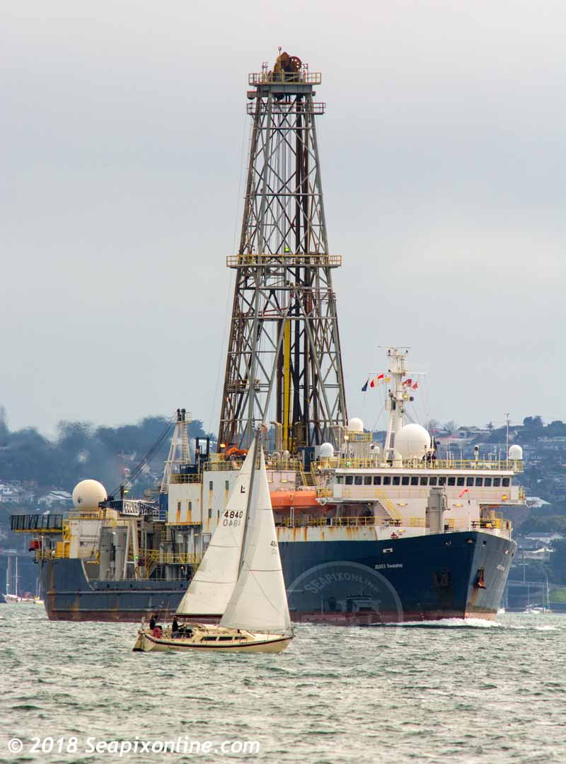 JOIDES RESOLUTION (1978/10282gt/IMO 7423081, ex-SEDCO/BP 471) - an ocean floor-drilling, core sampling research ship furthering our understanding of climate change, geology and Earthâ€™s history.
Joides Resolution is funded by the National Science Foundation, the work part of the International Ocean Discovery Program.
Seen here departing Auckland at the beginning of a voyage to the Kermadec Islands where she will take core samples after drilling into an undersea volcano. 7 July 2018. Photo by Â© 2018 SeapixOnline.com