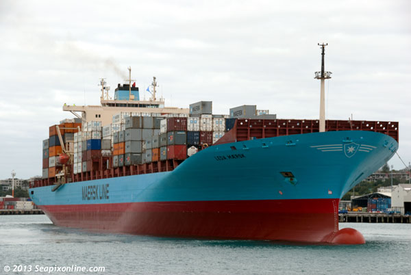 LEDA MAERSK (2001/50721grt/63200dwt/IMO 9190755)berthing in Auckland, New Zealand at the beginning of her maiden call.
Ports of Auckland recently won back Maersk's Southern Star service from the port of Tauranga and now sees the largest container ships to visit New Zealand using the newly deepened Fergusson Wharf. 
The two and a half year project to deepen the northern berth to a depth of 13m from its previous 11.7m was recently completed, allowing two large vessels to be worked simultaneously. 17 July 2013. Photo by Â© 2013 SeapixOnline.com