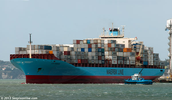 LICA MAERSK (2001/50721grt/63400dwt/IMO 9190779) - now a regular caller at the port of Auckland as one of Maersk's quintet of ships operating their Southern Star service, begins manoeuvring off her Fergusson Wharf berth having arrived from Brisbane, Australia.LICA MAERSK (2001/50721grt/63400dwt/IMO 9190779) - the third of Maersk's five vessels operating on the Southern Star service, arriving in Auckland, New Zealand. Named after shipowner A.P. Møller’s sister, Petrea Angelica Møller, LICA MAERSK is a postpanamax vessel with a length of 266m and a 37m beam making her too wide to go through the Panama Canal. 9 October 2013. Photo by Â© 2013 SeapixOnline.com