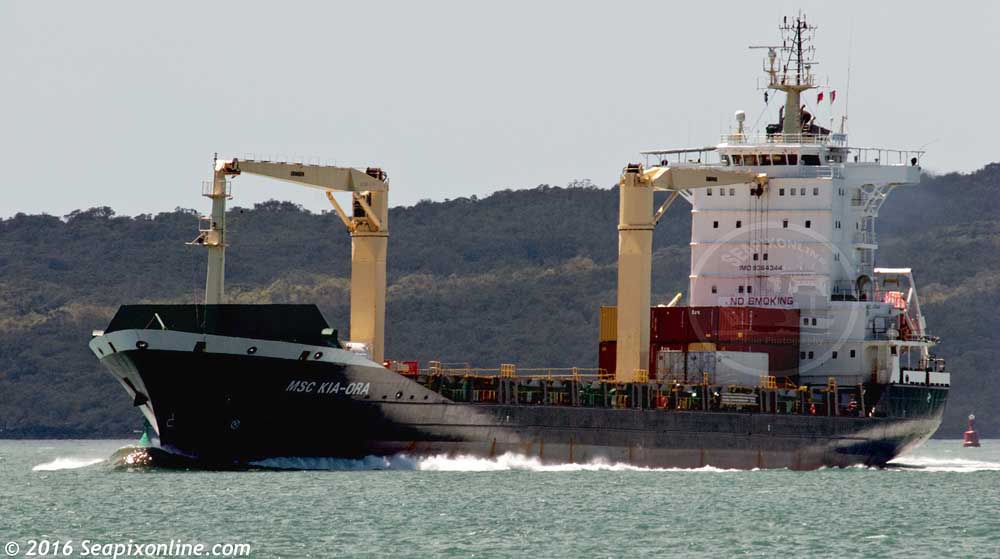 MSC KIA-ORA (2006/9940grt/13690dwt/IMO 9364344/1118TEU, ex-VEGA LUPUS, TAMPA BAY, ST. JOHN SPIRIT) - new to NZ waters she is seen here arriving in Auckland inbound from Noumea. She is owned and managed by Mediterranean Shipping Co of Geneva, Switzerland. 3 November 2016. Photo by Â© 2016 SeapixOnline.com