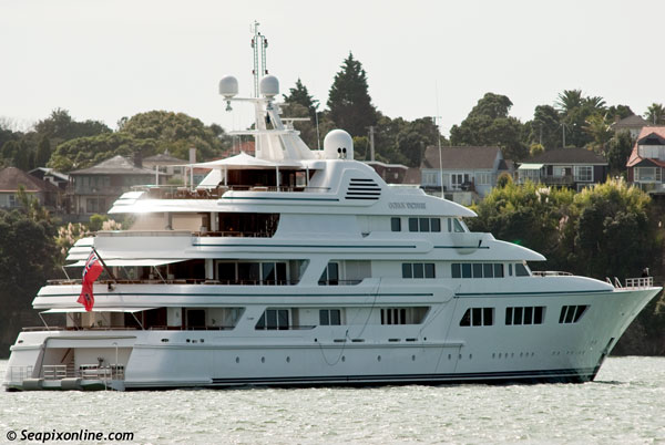 OCEAN VICTORY (renamed EBONY SHINE after sale by original owner Russian billionaire Victor Rashnikov) - completed in 2009 at the Feadship Royal Dutch Shipyards, the 75.75m superyacht is seen here at anchor in Auckland, NZ. The Cayman Islands-flagged, 2000grt vessel arrived in Auckland some five months ago during which time she has undergone extensive refitting during her stop-over in the City of Sails. As at 29 Nov 2013, the vessel is offered for sale through Camper & Nicholsons International at http://www.camperandnicholsons.com/luxury-yachts-for-sale/ocean-victory-994/ 31 March 2012. Photo by SeapixOnline.com