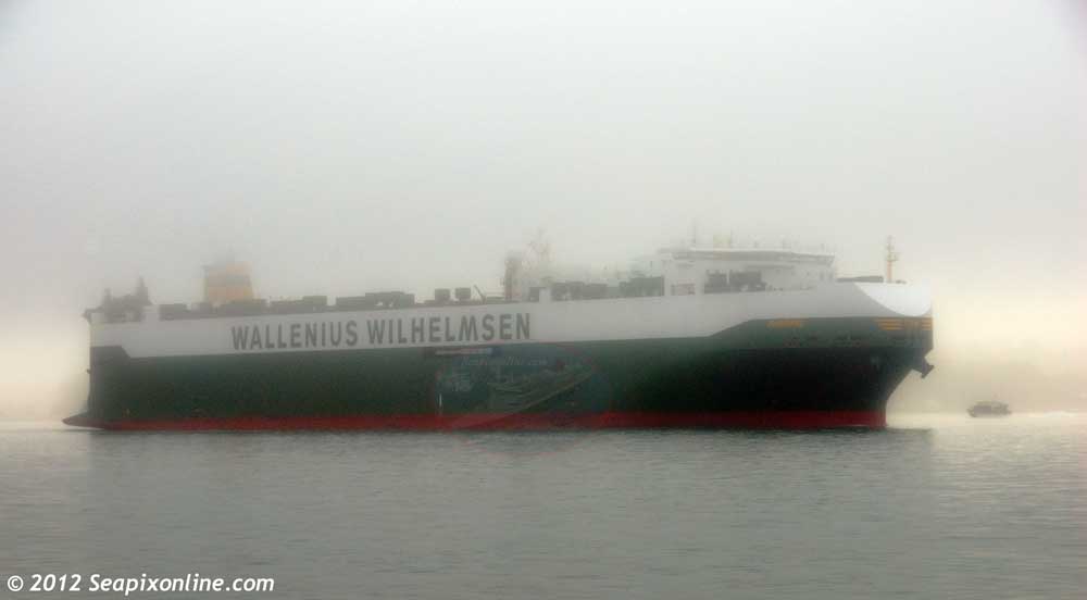 PARSIFAL (2011/75251grt/43878dwt/IMO 9515395) - Wallenius Wilhelmsen's Series 5 PCTC (pure car and truck carrier) arrives in Auckland in dense fog for her maiden call at the port. 24 July 2011. Photo by SeapixOnline.com