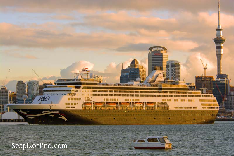 P&O Australiaâ€™s London-registered PACIFIC ARIA (1994/55877grt/7447dwt/IMO 9819269, ex- Holland Americaâ€™s RYNDAM. Renamed AEGEAN GODDESS then CELESTYAL JOURNEY)  leaves Auckland bound for Suva at the beginning of yet another of her winter season cruises. Laid up in Greece as at end 2021. No plans announced. 24 June 2019 . Photo by Â© 2019 SeapixOnline.com