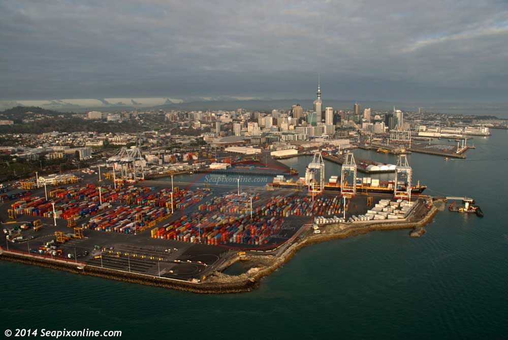 PORT OF AUCKLAND showing the Fergusson Container Terminal in the foreground and extension earthworks. 18 August 2014. Photo by Â© 2014 SeapixOnline.com