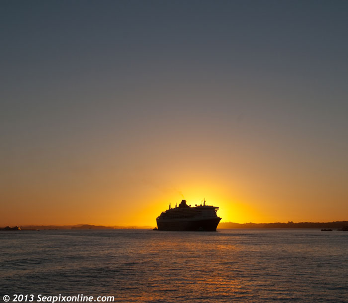 QUEEN MARY 2 (2003/148528grt/IMO 9241061) makes her fourth arrival in Auckland, New Zealand. Arriving from the Bay of Islands in northern New Zealand, she spent the day alongside in Auckland before departing for southward voyage to Wellington. 2013 sees the Cunard flagship making her first circumnavigation of the country.  11 March 2013. Photo by Â© 2013 SeapixOnline.com