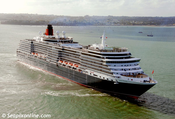 QUEEN VICTORIA (2007/90049grt/IMO 9320556) the newest cruiseship/passenger liner to visit New Zealand, outbound for Napier and Wellington, sails from Auckland following her maiden visit during her maiden world cruise. Only nine weeks old when she arrived in NZ, she was named on 10 December 2007 in Southampton, England by Camilla, HRH Duchess of Cornwall. QUEEN VICTORIA replaces QUEEN ELIZABETH 2 on the transatlantic line voyages between Southampton and New York. 15 February 2008. Photo by Â© SeapixOnline.com