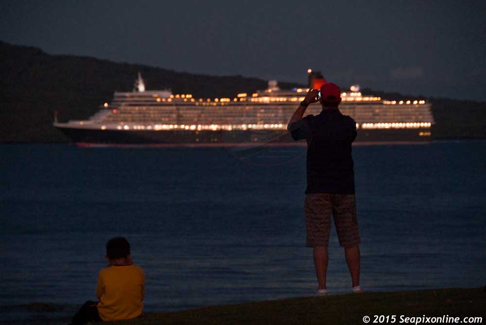 QUEEN ELIZABETH (2010/90901gt/IMO 9477498) en-route to the Bay of Islands, Australia and eventually, the Gallipoli Peninsula to mark the 100th anniversary of the fateful WWI ANZAC campaign.She is seen here passing Rangitoto Island, a dormant volcano, one of many dotting the Auckland Isthmus.
 27 February 2015. Photo by Â© 2015 SeapixOnline.com