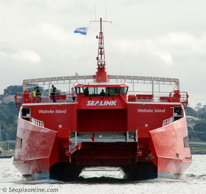 SEACAT (2004) - Australian-built, the   passenger/vehicular ferry which normally operates between Half Moon Bay in East Auckland and Waiheke Island, approaches Viaduct Harbour on the Auckland City waterfront. 4 August 2012. Photo by SeapixOnline.com