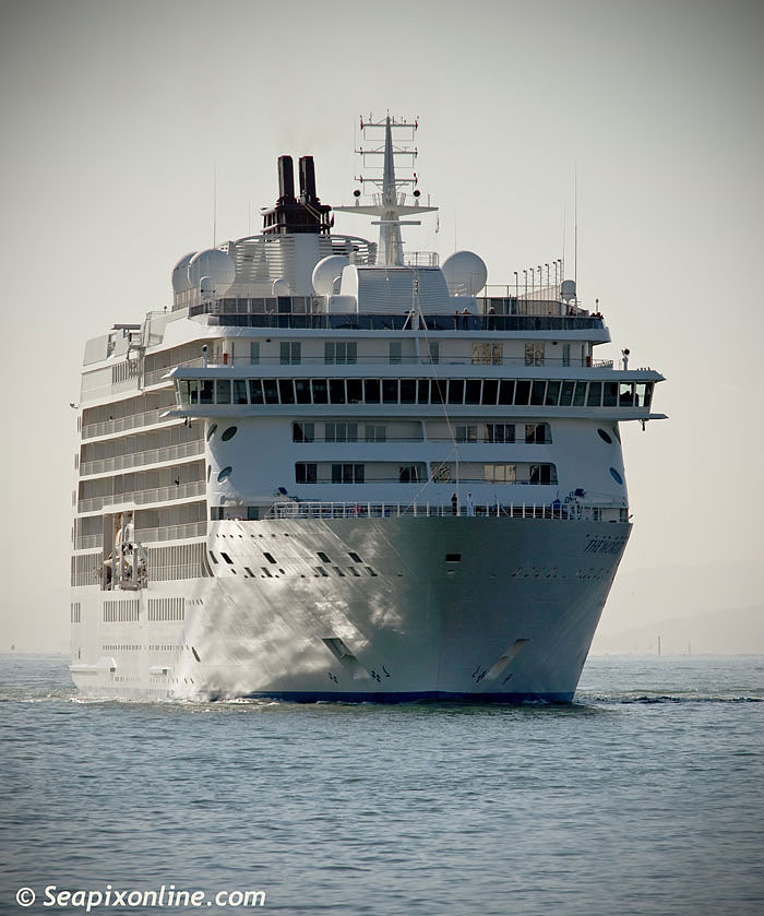 THE WORLD (2002/43188grt/IMO 9219331) on a stunningly still and sunny autumn morning, glides into Auckland Harbour for her third visit to the City of Sails since 2003, when, on that occasion, she was joined by Hapag-Lloyds' EUROPA and Silverseas Cruises' SILVER WHISPER. On this visit she had spent the previous day in the eastern Bay of Plenty where her passengers took in the sights of the continuously active volcanic White Island. 27 March 2011. Photo by SeapixOnline.com