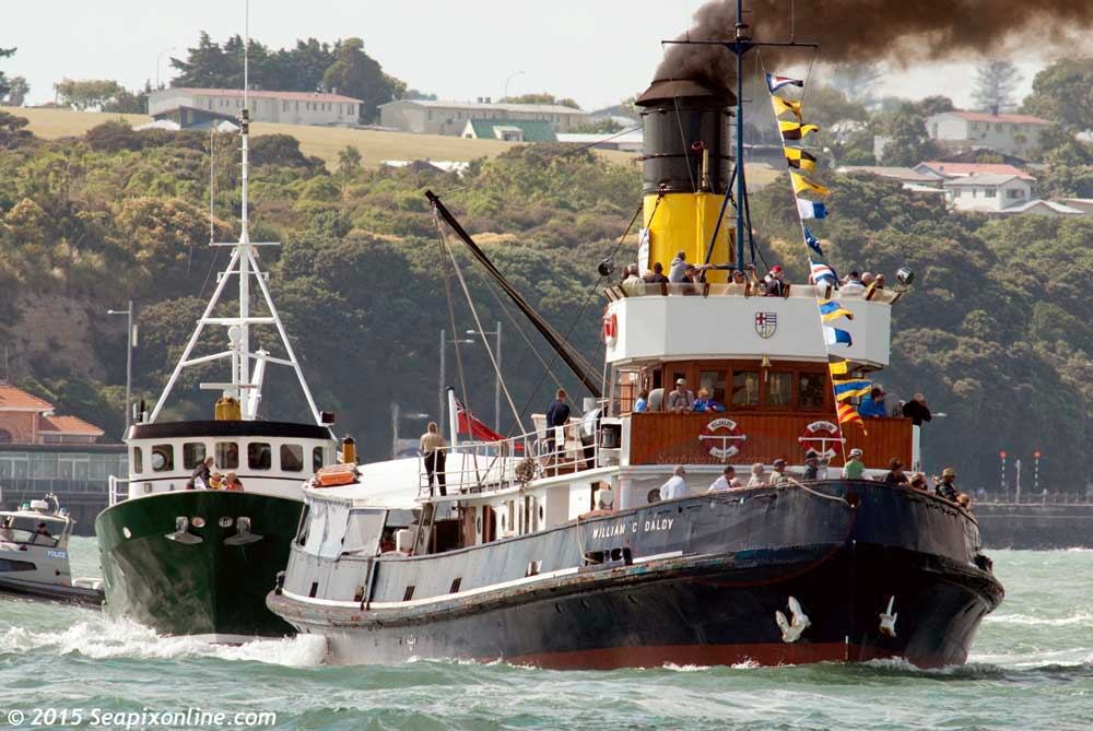 WILLIAM C. DALDY (1935/348grt/IMO 5390345) - Auckland's preserved steam tug, rounds the second mark in the 2015 Auckland Anniversary Day regatta tug race. She is closely followed by the 65' steel-hulled HAMAL. 26 January 2015. Photo by © 2015 SeapixOnline.com