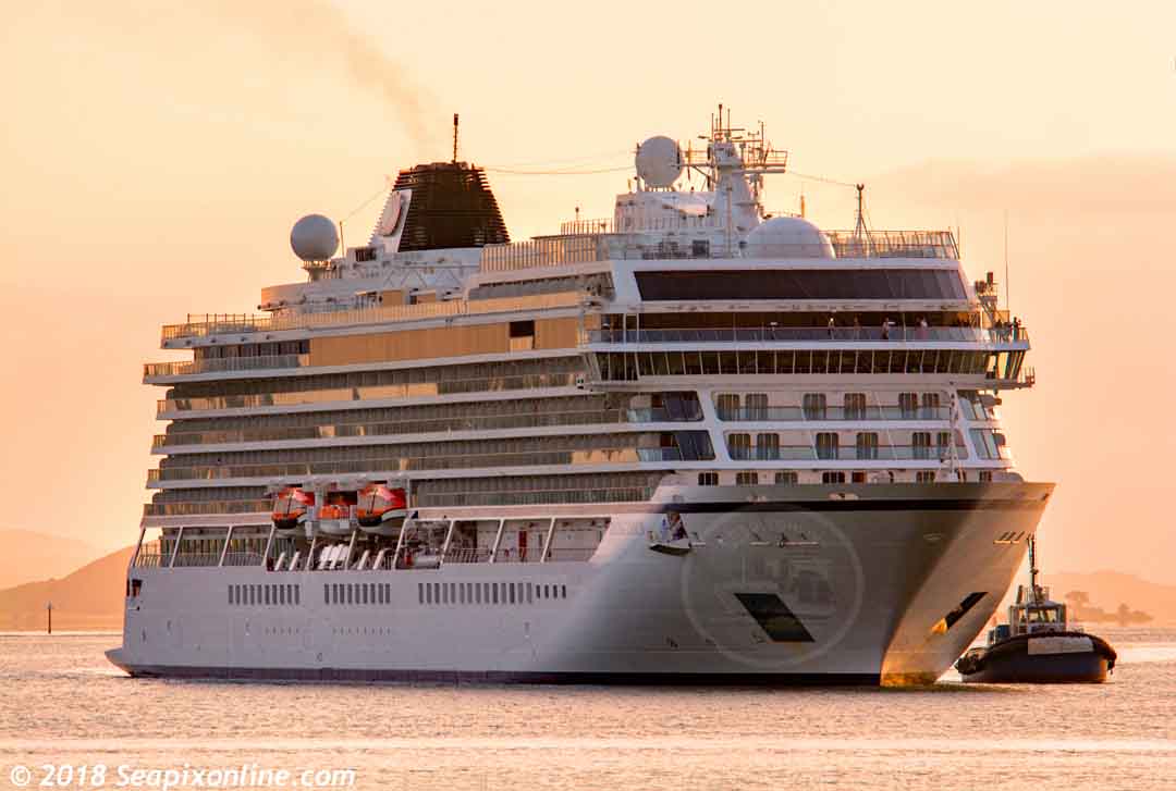 VIKING ORION (2018/47861grt/4798dwt/IMO 9796250), maiden call at Auckland, NZ. Owned and managed by Viking Ocean Cruises IncÂ of Bermuda. 29 December 2018. Photo by Â© 2018 SeapixOnline.com