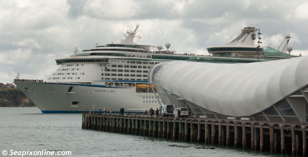 VOYAGER OF THE SEAS (1999/137276grt/IMO 9161716) arriving Auckland, New Zealand, looms tall above 'The Cloud' building on Queen Wharf. The Royal Caribbean mega-cruise ship berthed in Auckland today becoming the largest vessel to come alongside Princes Wharf since 11 February 1974. Thirty-eight years ago it was the 66350-tonne 'France', pride of the French Line. Even today, France at 315.5m, remains the longest ship ever to grace Auckland's principal cruise ship berth. The 13-year-old Voyager of the Seas, despite weighing-in at 137276grt, more than twice the gross tonnage of France, is just 311m. However, records are made to be broken and France will next month lose her long-standing No. 1 placing with the arrival of Celebrity Cruises' 316m 'Celebrity Solstice' on 19 December. 28 November 2012. Photo by Â© SeapixOnline.com