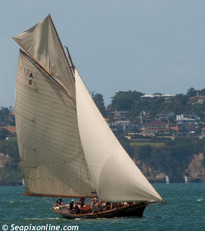WAITANGI (A6) a 22.56m gaff-cutter built in 1894 by Logan Brothers of Auckland, New Zealand racing in light airs on Auckland's Waitemata Harbour. 26 February 2012. Photo by SeapixOnline.com 