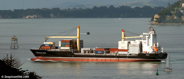 WINCHESTER STRAIT (2012/18358grt/IMO 9516789, ex-HANSA WOLFSBURG) sails from Auckland, Nz bound for Port Chalmers following her maiden call. 16 April 2012. Photo by SeapixOnline.com