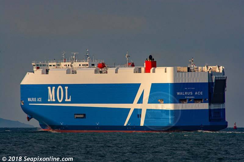 WALRUS ACE (2018/63166grt/15506dwt/IMO 9777826) the third of Mitsuiâ€™s new generation FLEXIE-class vehicle carriers and sporting the new company livery, sails from Auckland bound for Ulsan, South Korea following her maiden call. WALRUS ACE carries up to 6800 standard sized cars. She has six liftable decks as opposed to only two on current car carriers giving her an ability to accomodate more diversified vehicle, high or heavy cargoes. Her hull design is also designed to cut CO2 emissions by 2% over current car carrying vessels. 17 December 2018. Photo by Â© 2018 SeapixOnline.com