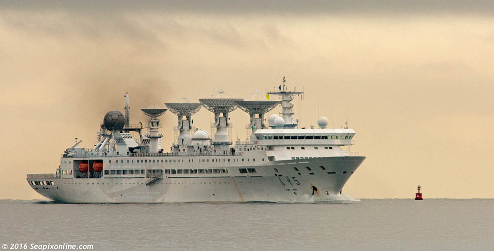 YUAN WANG 5 (2007/22686grt/11000dwt/IMO 9413054) - a Chinese satellite and ballistic missile tracking ship enters the Rangitoto Channel on approach to Auckland under sunrise-tinted grey rain clouds this morning. She is here in port until 5 October when she sails for Tahiti. 29 September 2016. Photo by Â© 2016 SeapixOnline.com