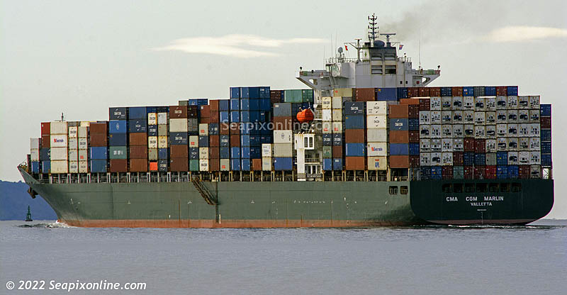 CMA CGM MARLIN (2006/54152gt/68038dwt/IMO 9322463/5090TEU/ex-ITAL LAGUNA) having arrived on 6 August from Singapore, sails from Auckland for Lyttelton. 
Built by Hanjin Heavy Industries & Construction in Busan, South Korea she is owned, managed and operated by CMA CGM SA The French Line of Marseilles, France. 10 August 2022. Photo by Â© 2022 SeapixOnline.com
