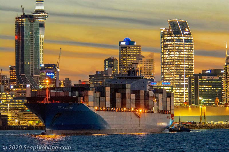 CSL ATLANTIC (2005/54626grt/66939dwt/IMO 9289544, ex-ATLANTIC STAR, E.R. BEIJING, ZIM BEIJING) at the end of her maiden call sails from Auckland bound for Lyttelton as the last rays of light disappear. Owned and managed by Multi Maritime of Limassol, Cyprus. 27 July 2020. Photo by Â© 2020 SeapixOnline.com