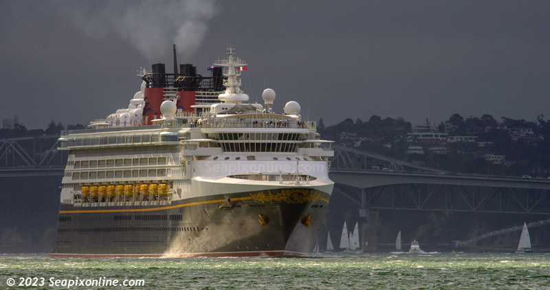 DISNEY WONDER (1999/83308grt/IMO 9126819) seen here sailing from Auckland for the third of her scheduled five 
