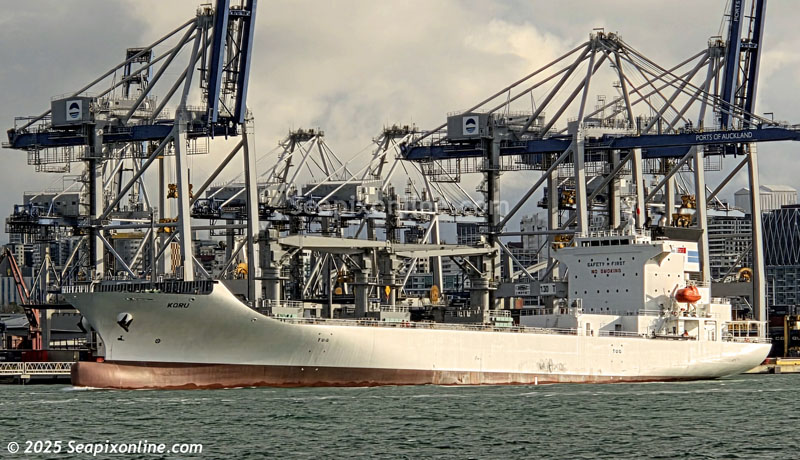 KORU (2025/13295gt/14600dwt/IMO 9985863 - launched in May this year, the refrigerated cargo ship) sails from Auckland bound for Tauranga following her maiden call. During her time in port, her captain was presented with a port plaque to mark the occasion.
KORU is owned by Sasanqua Shipping of Panama, operated and managed by Fresh Carriers of Tokyo. 19 August 2025. Photo by Â© 2025 SeapixOnline.com