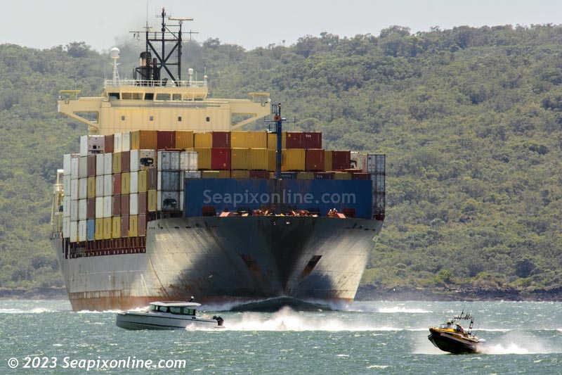 MSC EXPRESS III (2007/28050gt/38096dwt/2702 TEU/IMO 9374571. Ex- X-Press Khyber, Cap Campbell, Americas Bridge, Olivia) arriving Auckland from Brisbane, Australia.
A maiden caller, she is operated, managed and owned  by MSC Mediterranean Shipping of Switzerland. Built by Nordseewerke of Emden in Germany, she was launched as OLIVIA. 20 January 2023. Photo by Â© 2023 SeapixOnline.com