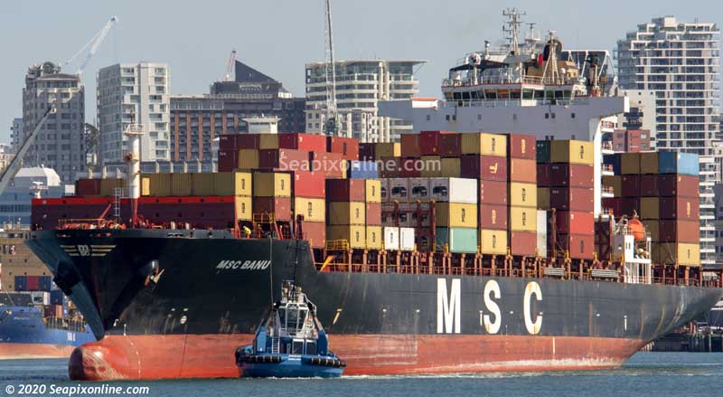 MSC BANU (2004/35954grt/42196dwt/IMO 9263332, ex-MSC QUEENSLAND, NORTHERN DEVOTION. Renamed MSC BANU III in 2023) outbound from Auckland 8 August 2020. Photo by Â© 2020 SeapixOnline.com