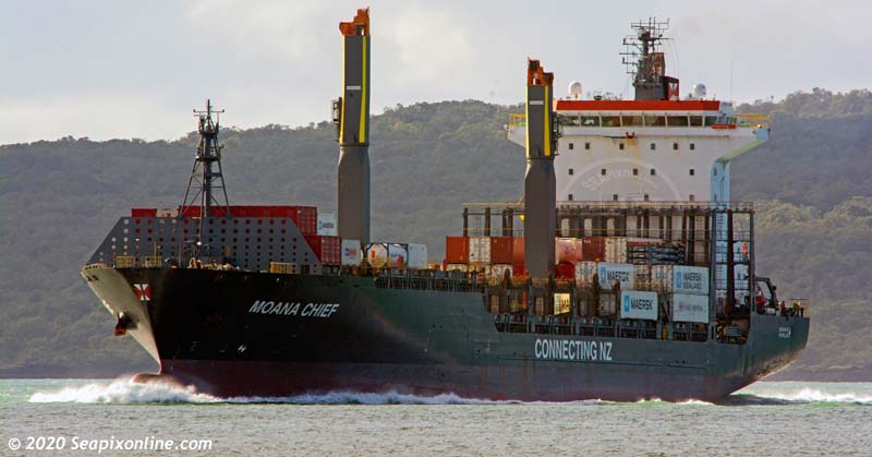 Pacifica Shipping's MOANA CHIEF (2011/IMO 9516741/18358grt/23305dwt/1740TEU, ex-HANSA LUDWIGSBURG) inbound to Auckland during her weekly service. 7 May 2020. Photo by Â© 2020 SeapixOnline.com