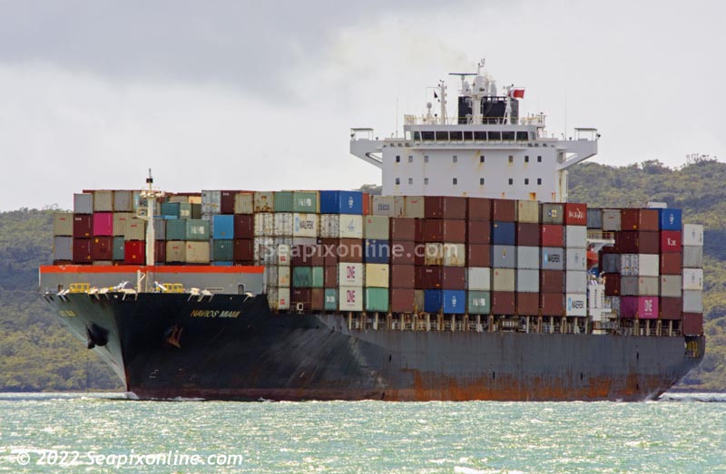 NAVIOS MIAMI (2009/41358grt/51737dwt/4255TEU/IMO 9445588, ex-ANL WARRAGUL, CPO MIAMI, UASC KHOR FAKKAN, KHOR FAKKAN) inbound to Auckland from  Brisbane, Australia. She is operated by COSCO Shipping Lines of Shanghai owned by Navios Maritime Containers LP of Monte Carlo and managed by Navios Containers Management of Piraeus, Greece. 8 March 2022. Photo by Â© 2022 SeapixOnline.com